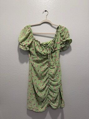 Green Floral Puff-Sleeve Mini Dress with Pink Accents